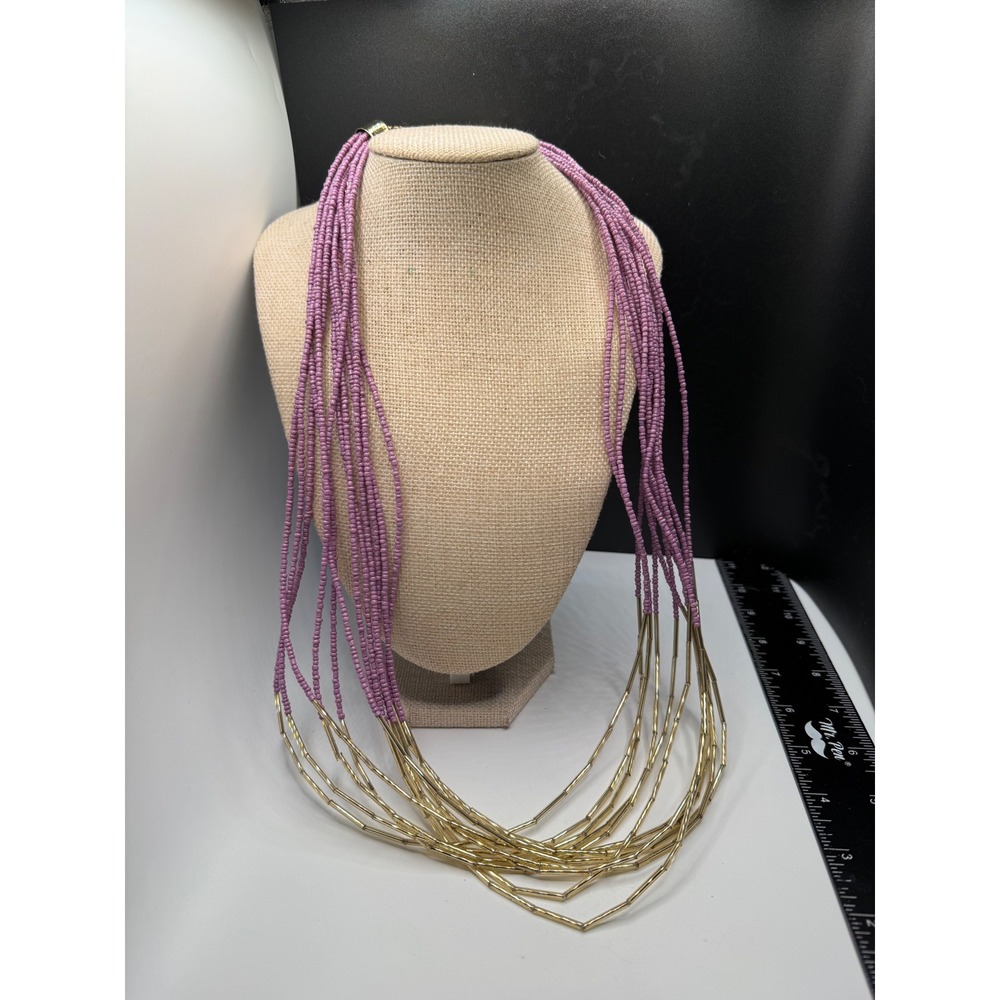 Multi Strand Lavender Purple Seed Bead Gold Tone Bugle Bead Statement Necklace